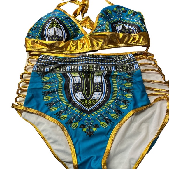5for$10 Teal Blue And Gold High Waisted Bikini Swimsuit Aztec Extra Large NWOT - Picture 5 of 5